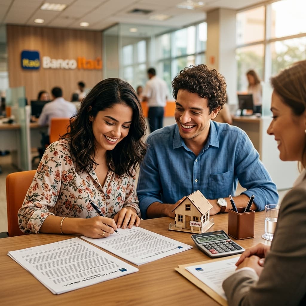 Casal jovem assinando contrato de financiamento com miniatura de casa – financiamento imóvel 2026 renda mínima Caixa simulador Price SAC