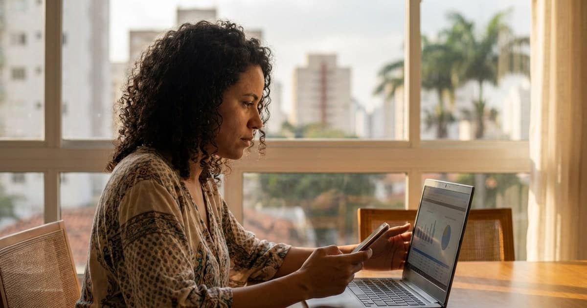 Investidor brasileiro analisando fundos imobiliarios no notebook e no celular em casa, predios da cidade visiveis pela janela, expressao concentrada, luz natural