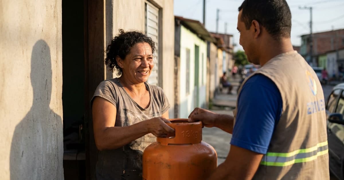 Mulher brasileira recebendo um botijao de gas de cozinha de 13kg na porta de casa de um entregador de revenda, expressao de alivio, ambiente de bairro popular, luz natural