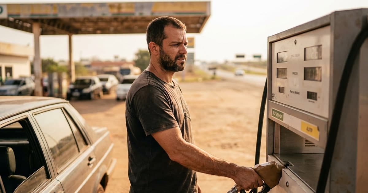Motorista brasileiro abastecendo o carro em posto de gasolina, conferindo o preco no painel da bomba, expressao atenta, luz do fim de tarde