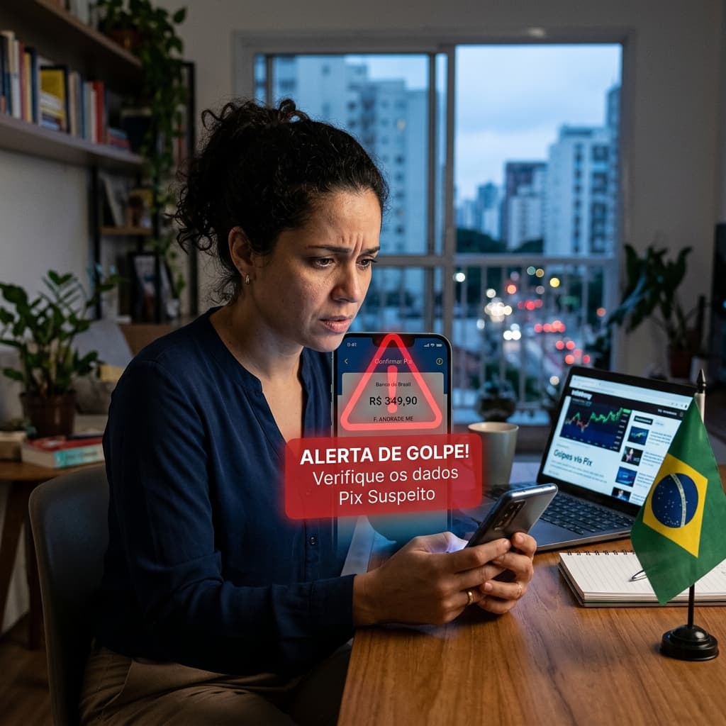 Pessoa com celular recebendo mensagem suspeita de Pix – golpes via Pix 2026 como se proteger fraudes financeiras banco digital
