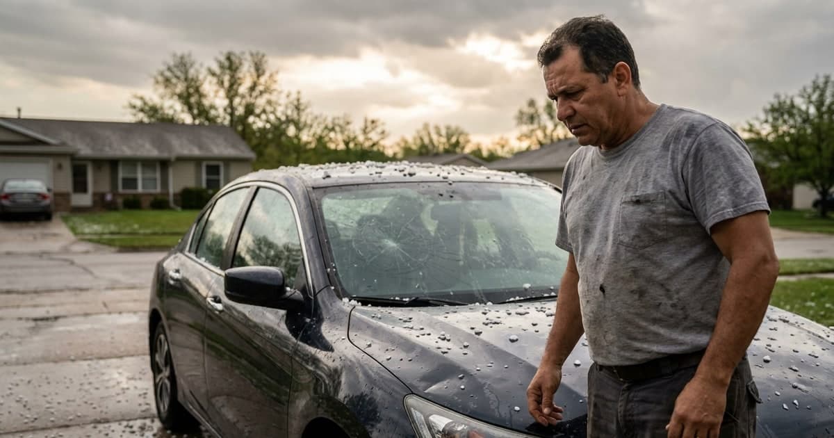 Homem brasileiro adulto observando o carro coberto de amassados após uma chuva de granizo na garagem de casa, com expressão preocupada — cobertura de seguro para danos de granizo