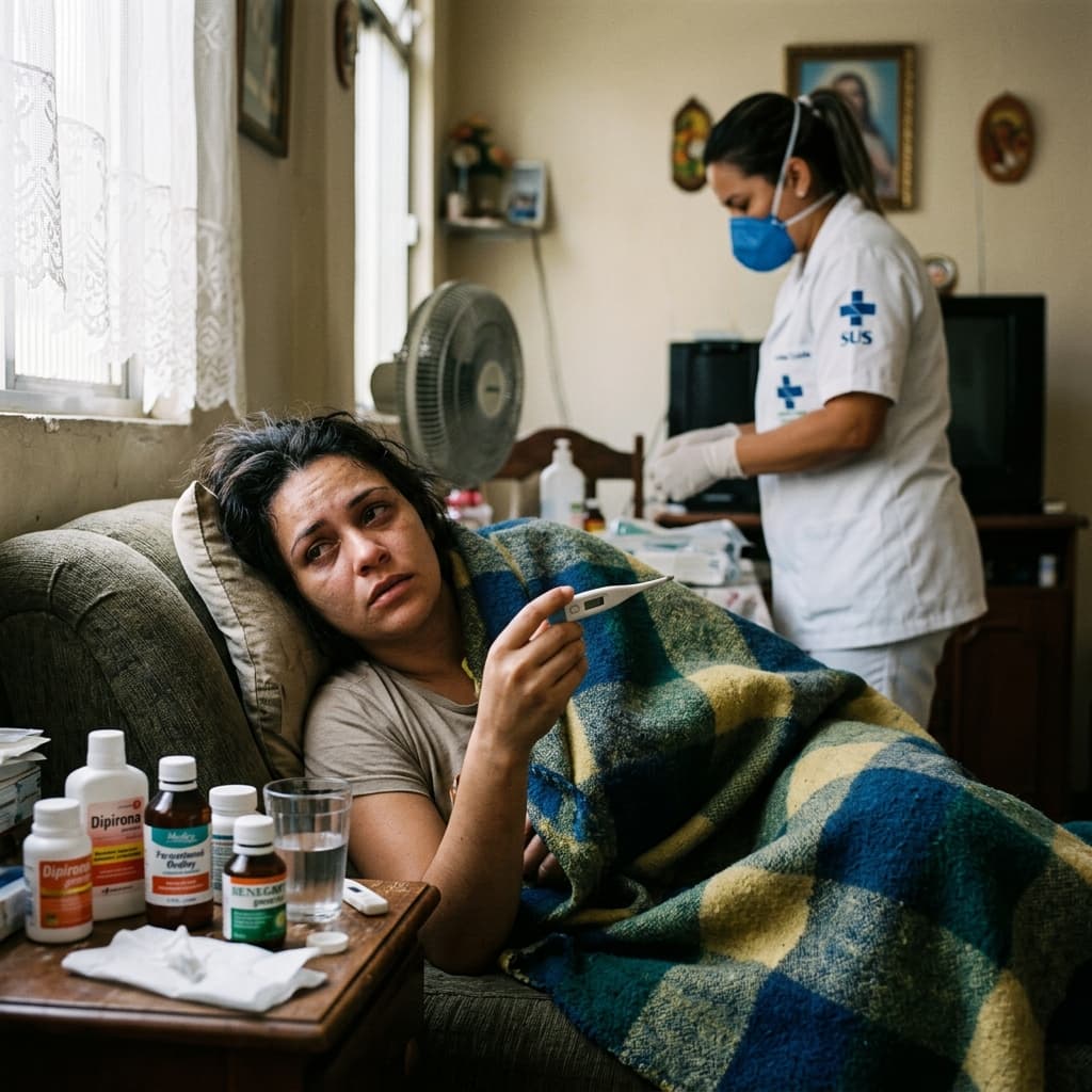 Pessoa com gripe em casa com termômetro e remédios – surto influenza 2026 Fiocruz alerta vacinação campanhas saúde Brasil