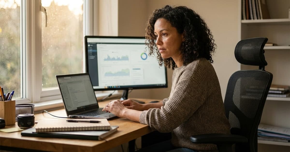 Mulher brasileira de 30 e poucos anos trabalhando concentrada em um home office bem organizado, com cadeira ergonomica, monitor e notebook, luz natural quente pela janela