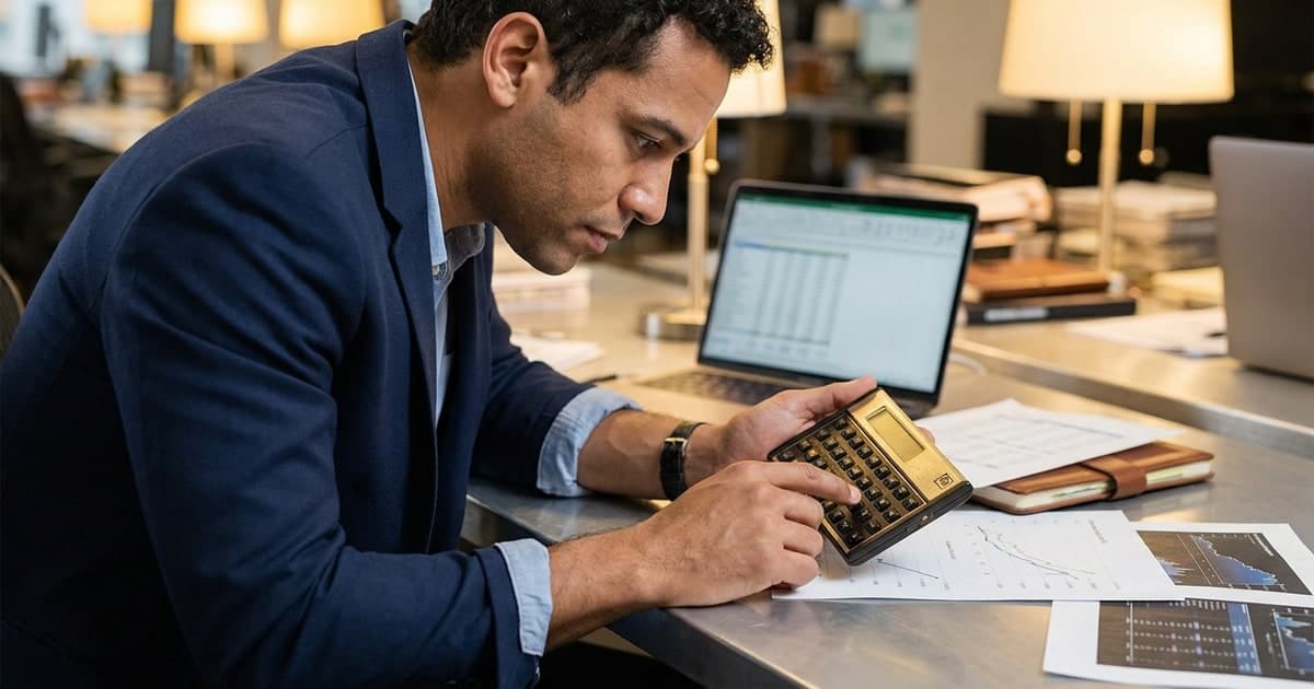 Profissional financeiro brasileiro usando calculadora HP 12C em mesa com documentos e gráficos financeiros
