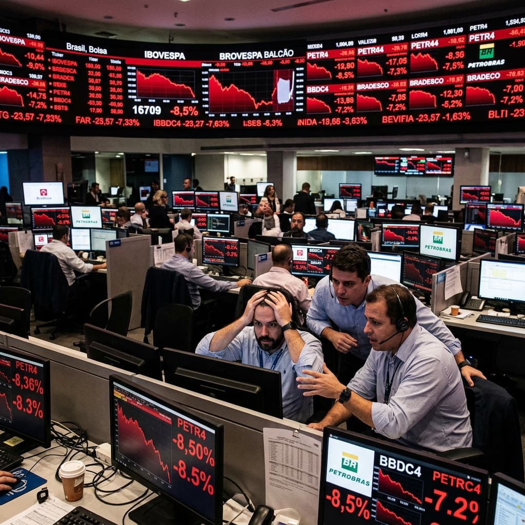 Telas vermelhas na bolsa de valores brasileira – Ibovespa cai 2,38% Petrobras Bradesco 7 maio 2026 queda mercado financeiro