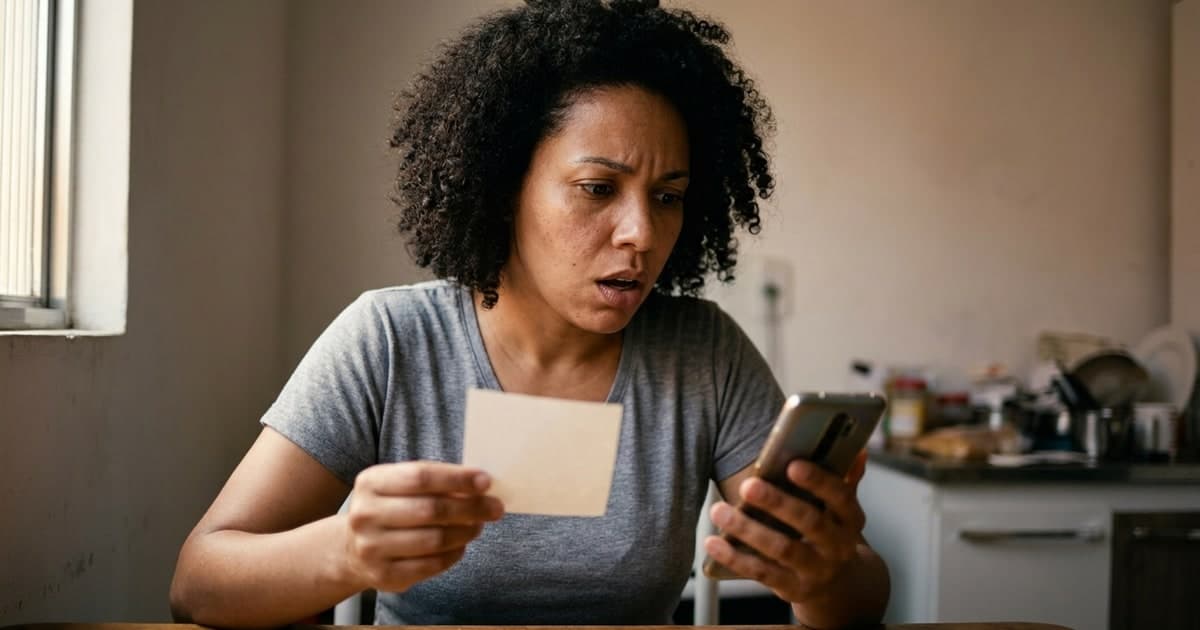 Mulher brasileira adulta conferindo o volante da Mega-Sena no celular na cozinha de casa, com expressão de surpresa — imposto de renda de 30% sobre prêmio de loteria