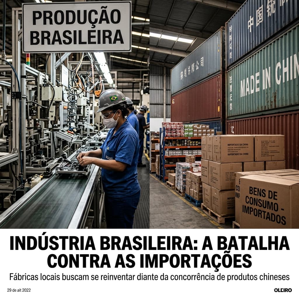 Fábrica brasileira com contêineres chineses ao fundo – indústria nacional importações China defesa comercial antidumping 2026