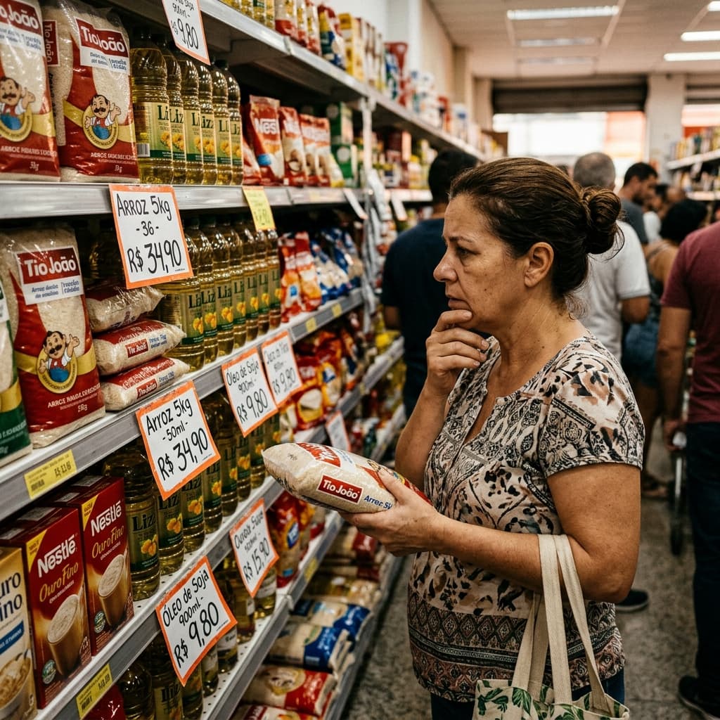 Brasileira em supermercado olhando preços elevados nas prateleiras – inflação IPCA acima da meta 2026 combustíveis alimentação