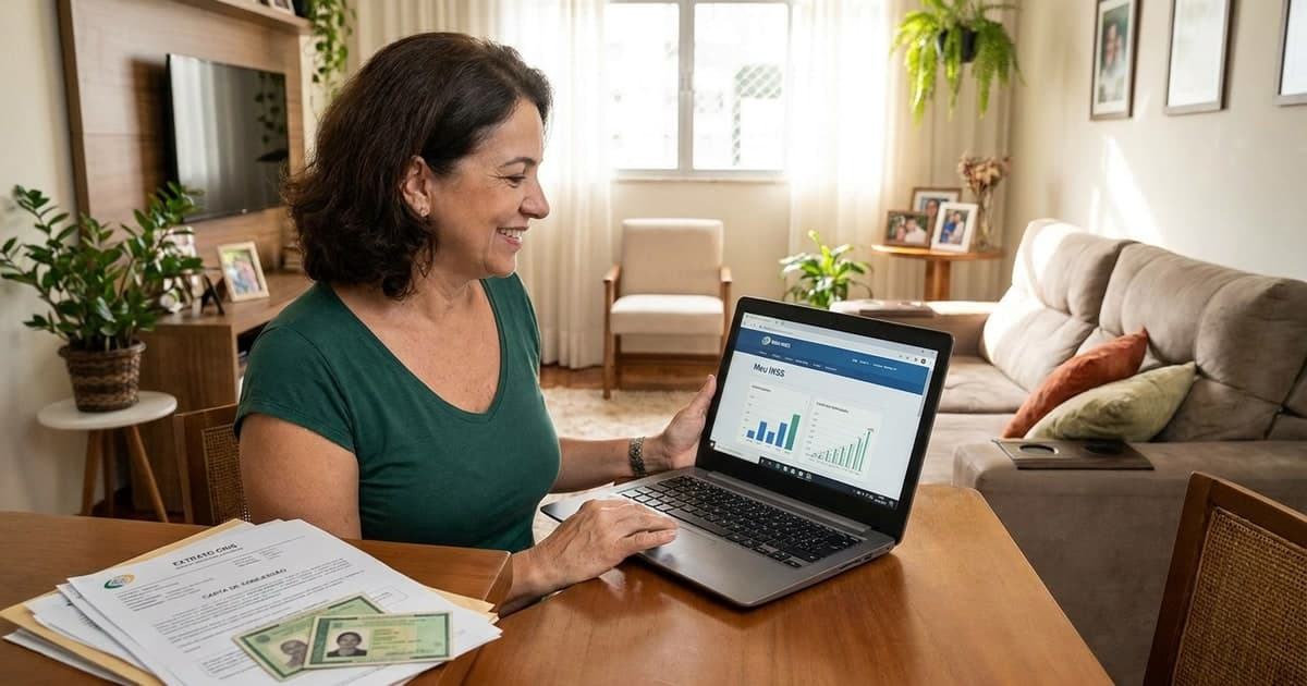 Trabalhadora brasileira acessando o portal Meu INSS no notebook para conferir contribuicoes e beneficios, documentos previdenciarios sobre a mesa, ambiente domestico iluminado