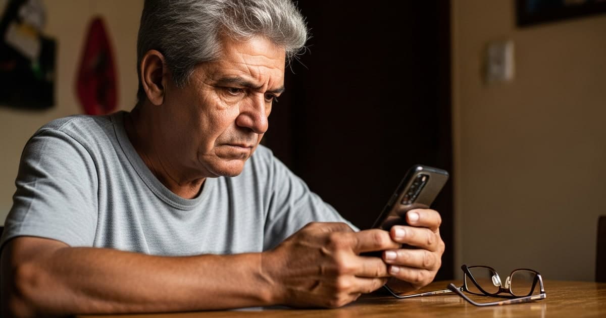 Homem brasileiro de meia-idade consultando o aplicativo Meu INSS no celular em casa — INSS 2026 benefícios aposentadoria auxílio-doença pensão quem tem direito teto R$ 8.475