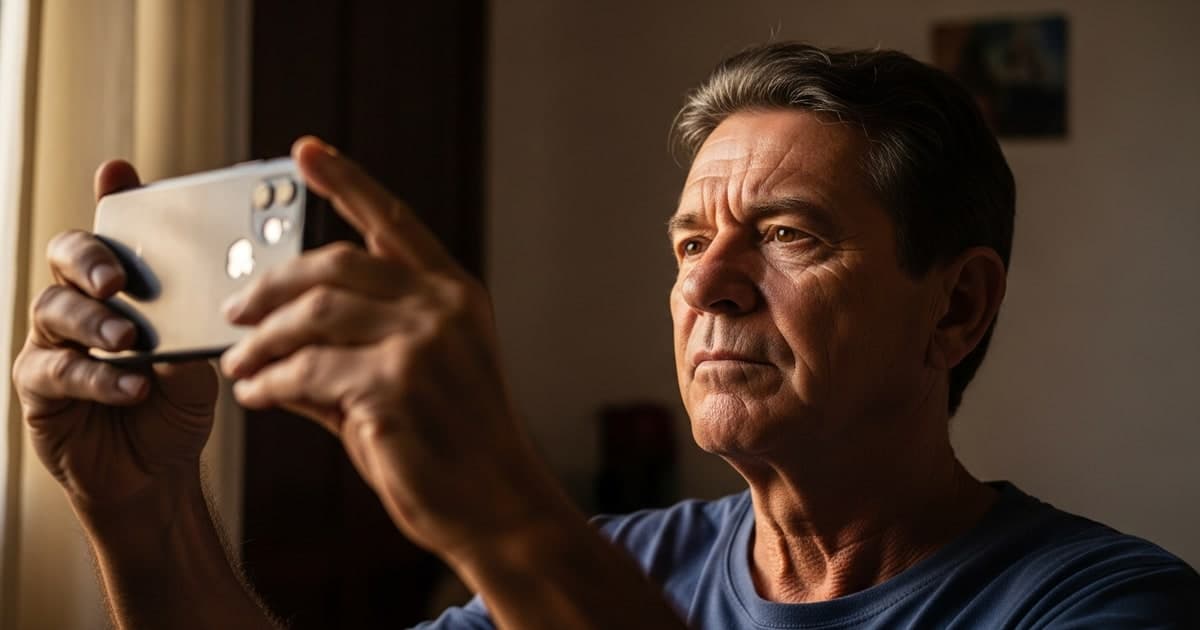 Homem brasileiro idoso segurando o celular à frente do rosto para reconhecimento facial em casa — INSS biometria obrigatória 2026 aposentadoria auxílio BPC prazo