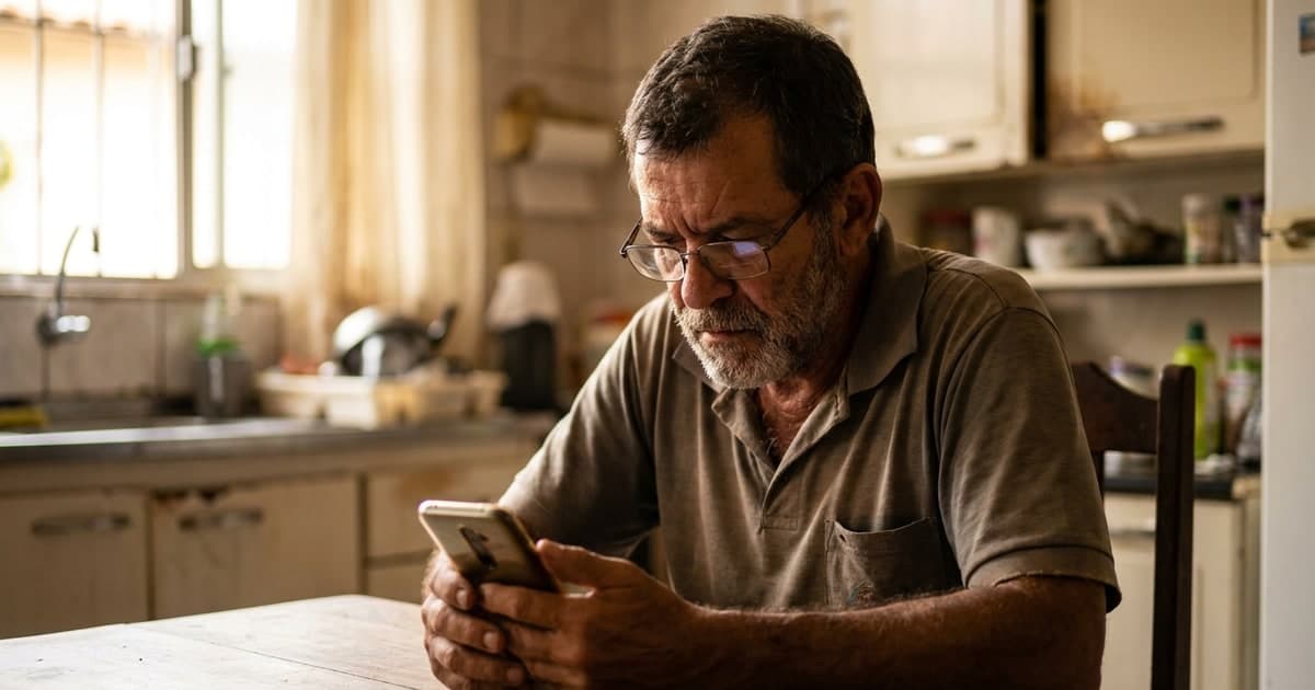 Aposentado brasileiro conferindo pelo celular a data de pagamento do beneficio do INSS, sentado a mesa de casa, expressao atenta, luz natural