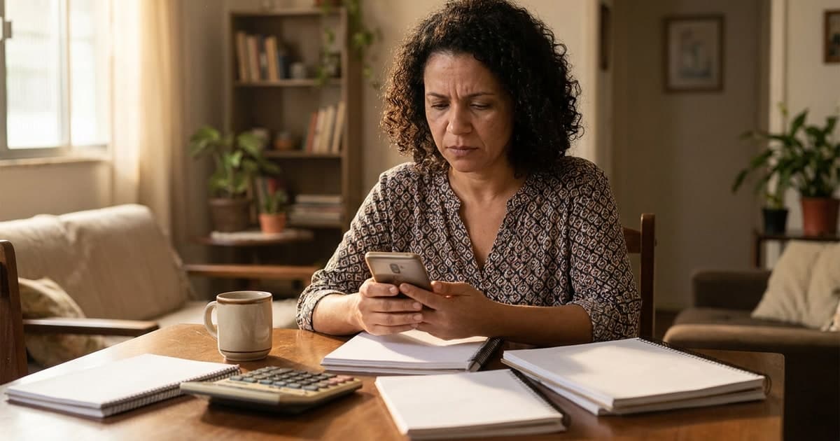 Mulher brasileira em casa analisando o carne do IPTU 2026 com notebook aberto e calculadora sobre a mesa, expressao concentrada, ambiente domestico iluminado