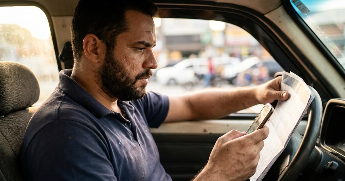 Motorista brasileiro dentro do carro consultando o valor do IPVA 2026 no celular, documento do veiculo na mao, expressao de planejamento, luz natural pela janela