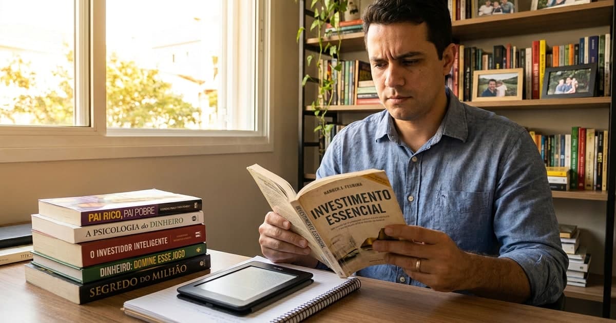 Pilha de livros de finanças e educação financeira sobre mesa com Kindle ao lado — compra inteligente no Prime Day 2026