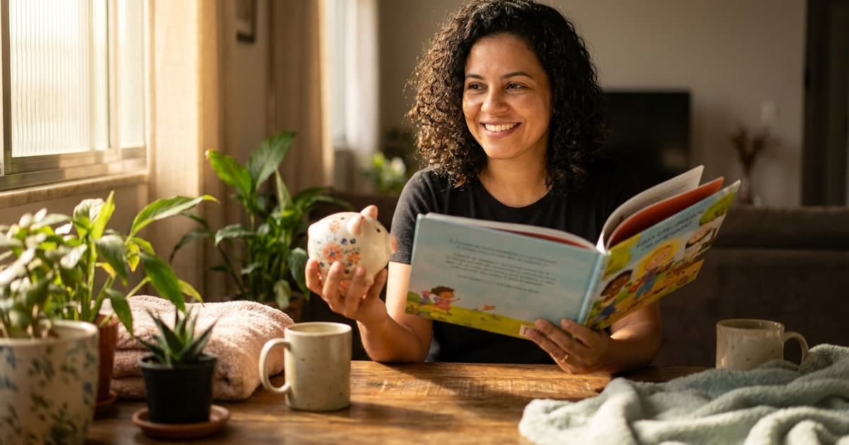 Mae brasileira sorridente lendo um livro infantil colorido com a filha pequena na mesa da sala, ao lado de um cofrinho, luz natural quente