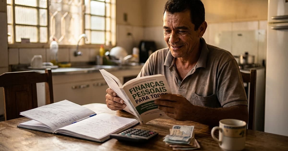 Homem brasileiro concentrado lendo livro de finanças na mesa da cozinha com caderno de anotações e calculadora ao lado, luz quente de fim de tarde