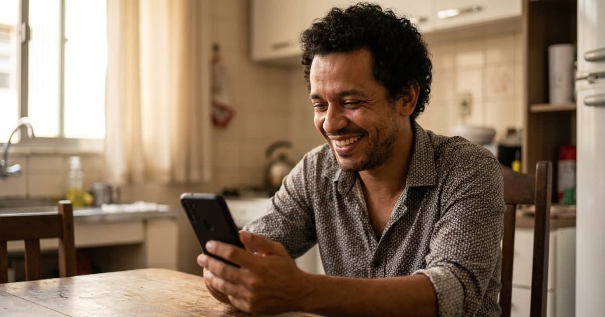 Trabalhador brasileiro sorrindo ao conferir no celular o credito do lucro do FGTS na conta, em casa, expressao de surpresa positiva, luz natural
