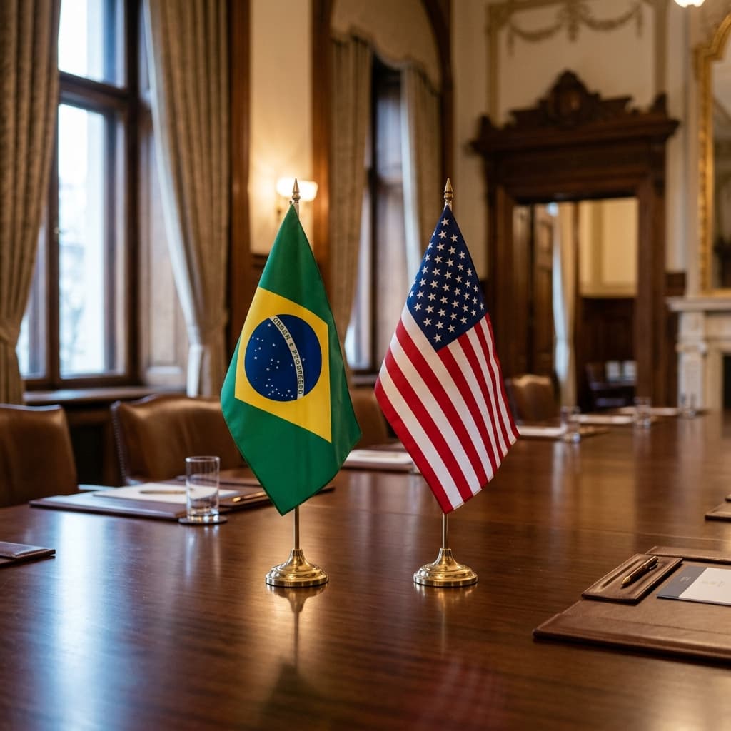 Bandeiras do Brasil e Estados Unidos em mesa de reunião diplomática – Lula Trump Washington 2026 PIX tarifas minerais estratégicos