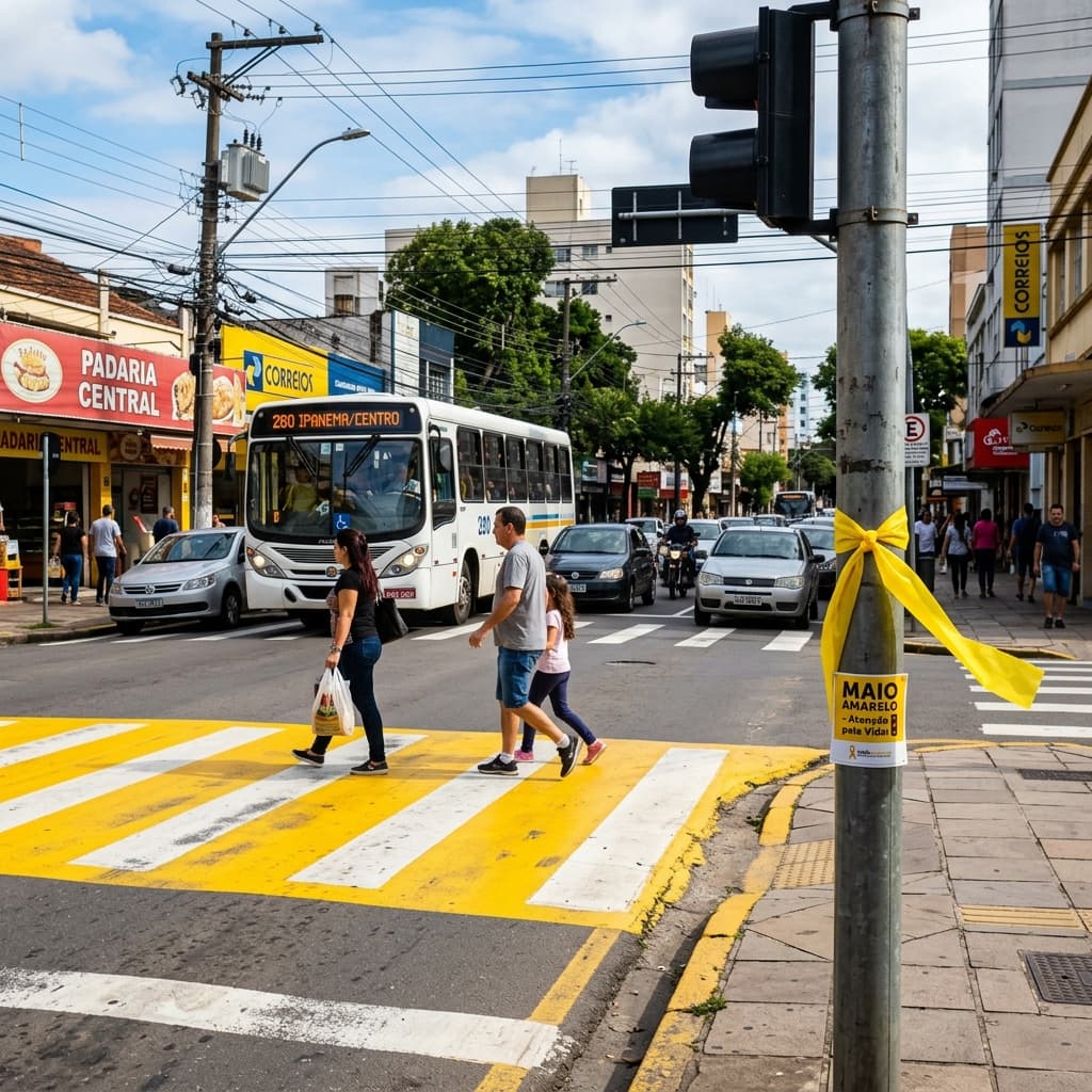 Faixa de pedestres com símbolo do Maio Amarelo 2026 – campanha segurança viária trânsito salvar vidas conscientização