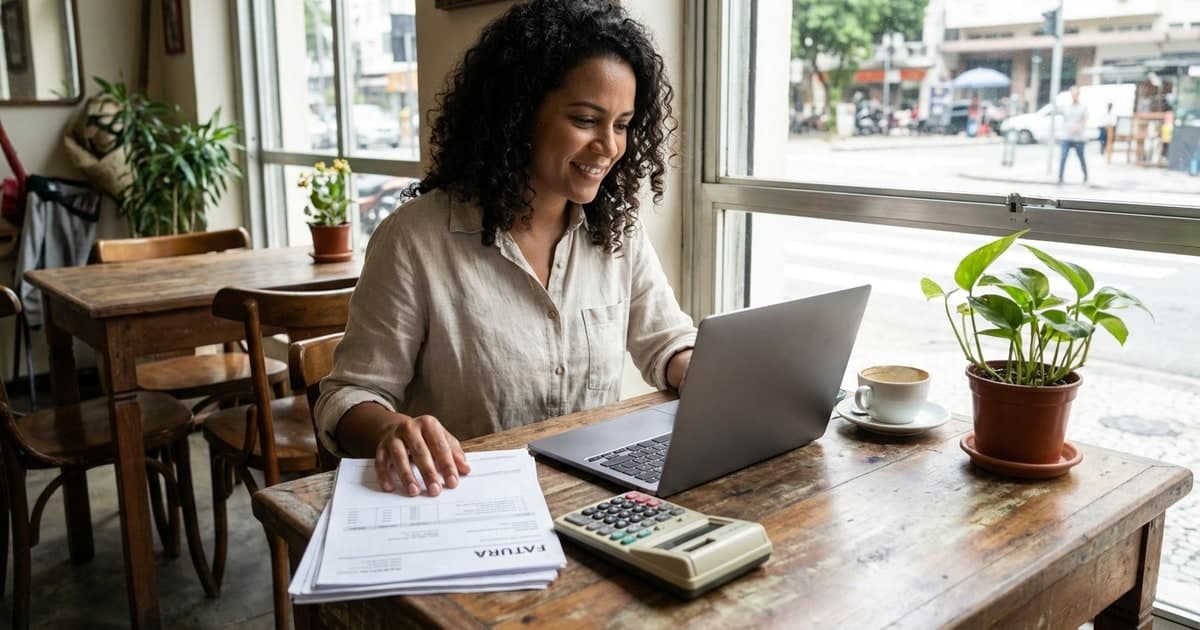 Empreendedor brasileiro em seu 30 anos trabalhando no notebook em pequeno escritório ou cafe, com nota fiscal e calculadora ao lado, expressao focada e confiante