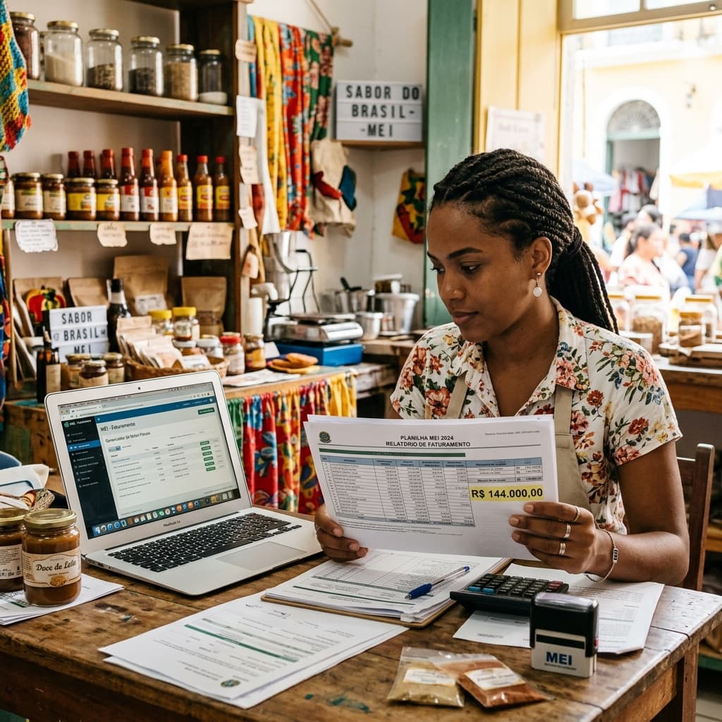 Microempreendedora brasileira analisando documentos no negócio – MEI 2026 novo limite faturamento R$ 144 mil PLP 108 Simples Nacional