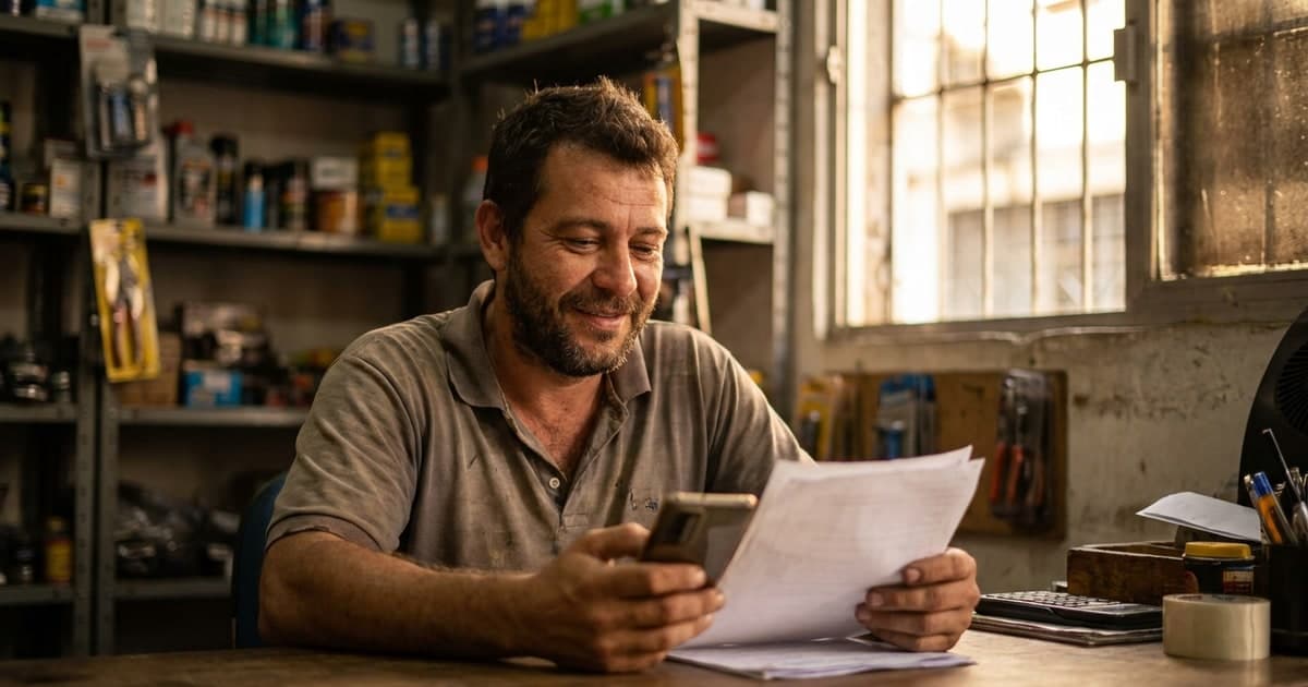 Microempreendedor brasileiro na casa dos 30 anos dentro da propria loja, conferindo o celular e alguns boletos com expressao de alivio, luz natural quente