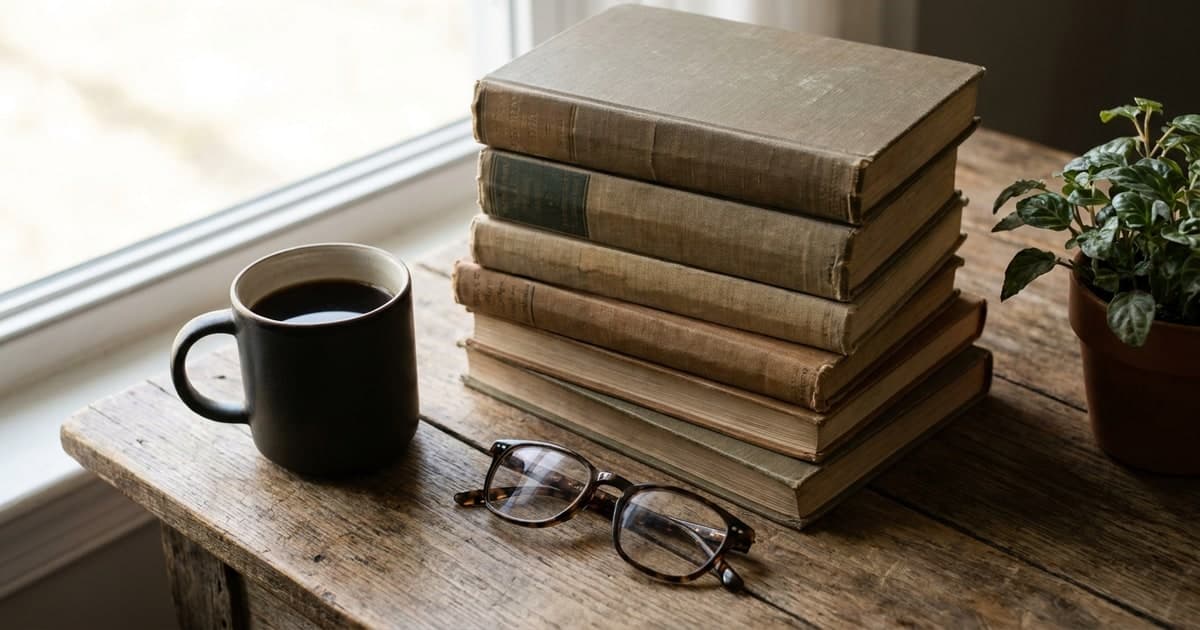 Pilha de livros de finanças sobre mesa de madeira com xícara de café e óculos — os melhores livros de educação financeira e investimentos de 2026