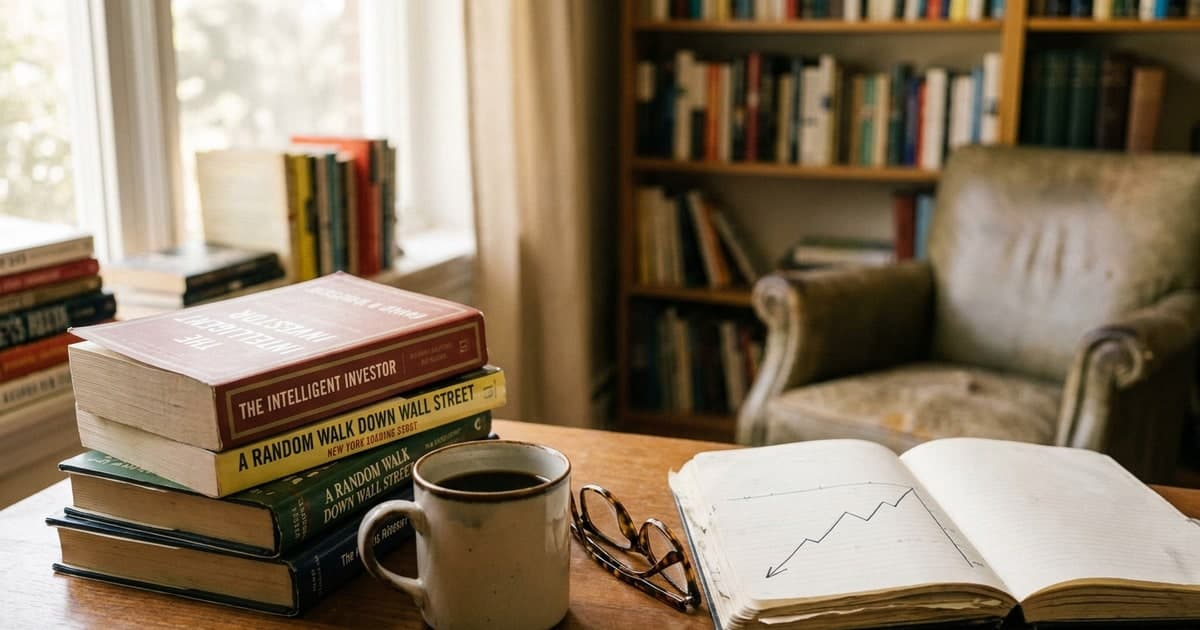 Pilha de livros sobre investimentos em uma mesa de madeira ao lado de uma xicara de cafe, oculos e um caderno com um grafico de alta, estudo aconchegante com luz quente