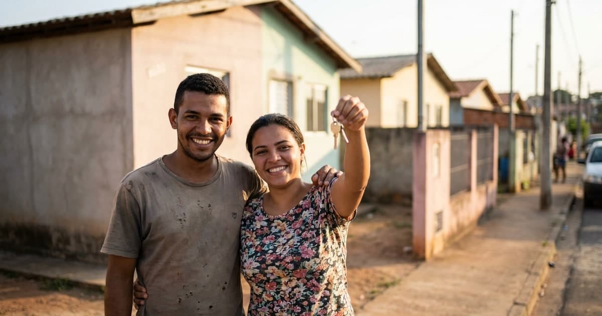 Casal brasileiro jovem em frente à sua casa nova sorrindo com as chaves na mão – Minha Casa Minha Vida 2026 faixas de renda subsídio como se inscrever
