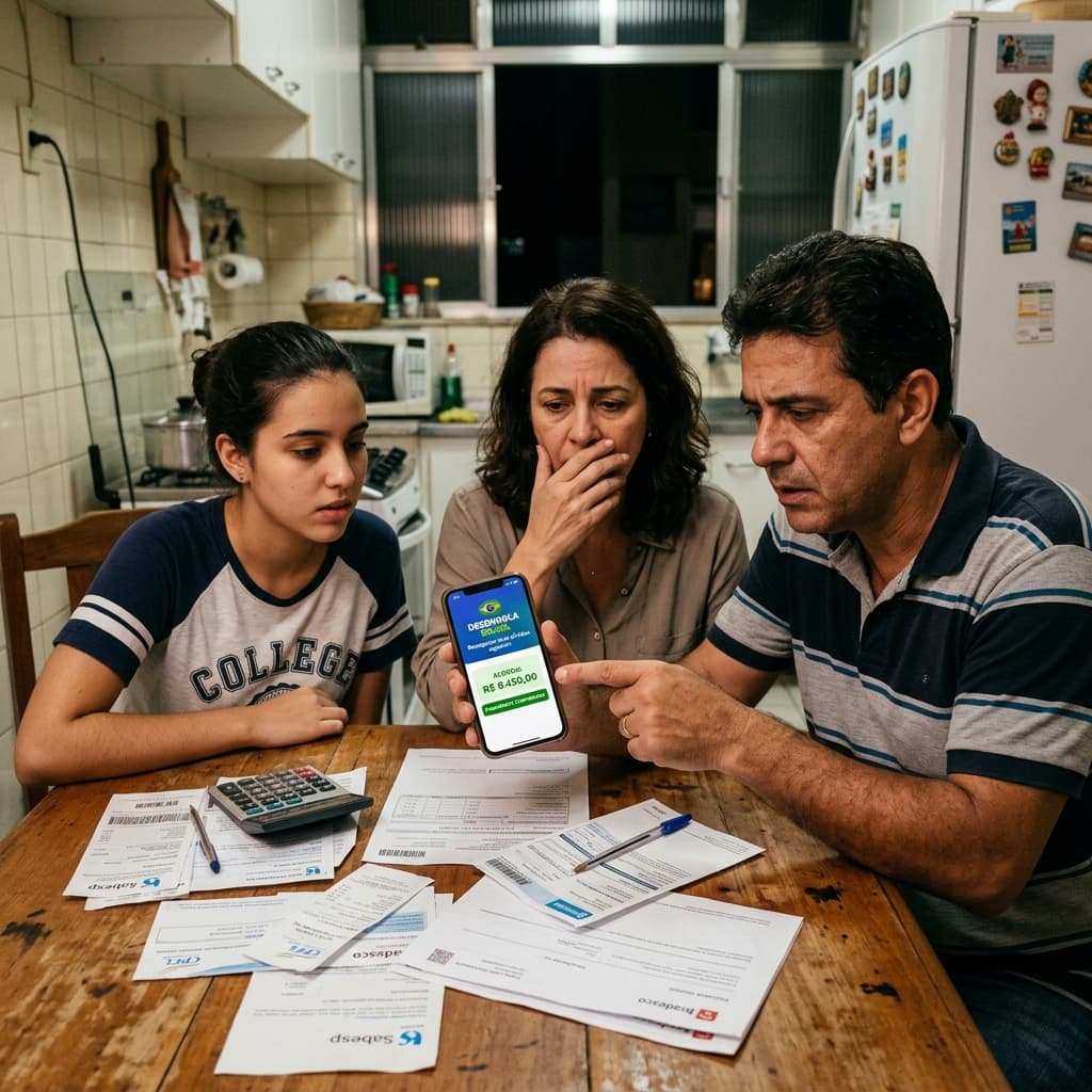 Família brasileira verificando dívidas no celular — Novo Desenrola 2026 quem pode entrar desconto renegociação dívidas