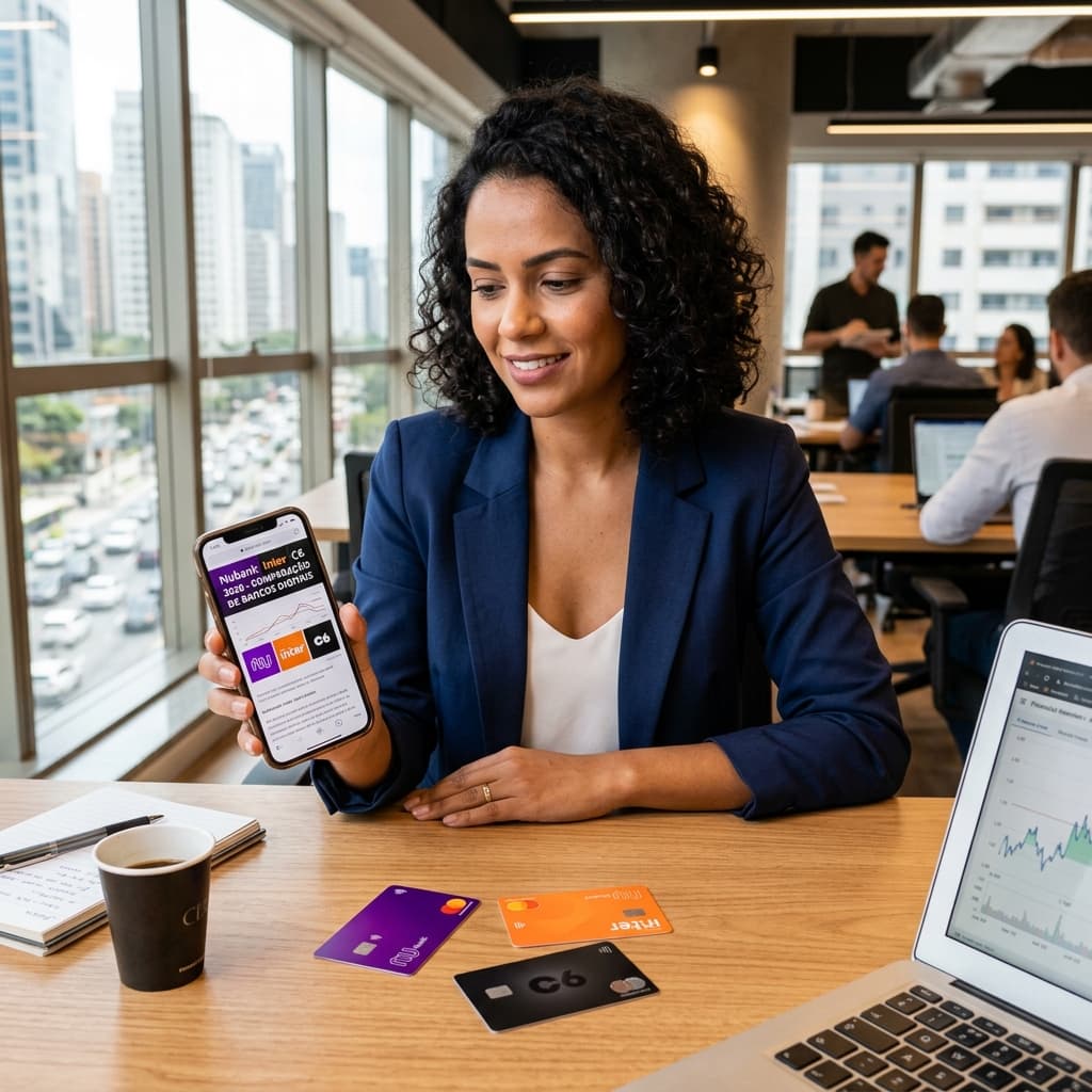 Comparação cartões Nubank roxo, Inter laranja e C6 preto – qual banco digital melhor 2026 cashback benefícios rendimento