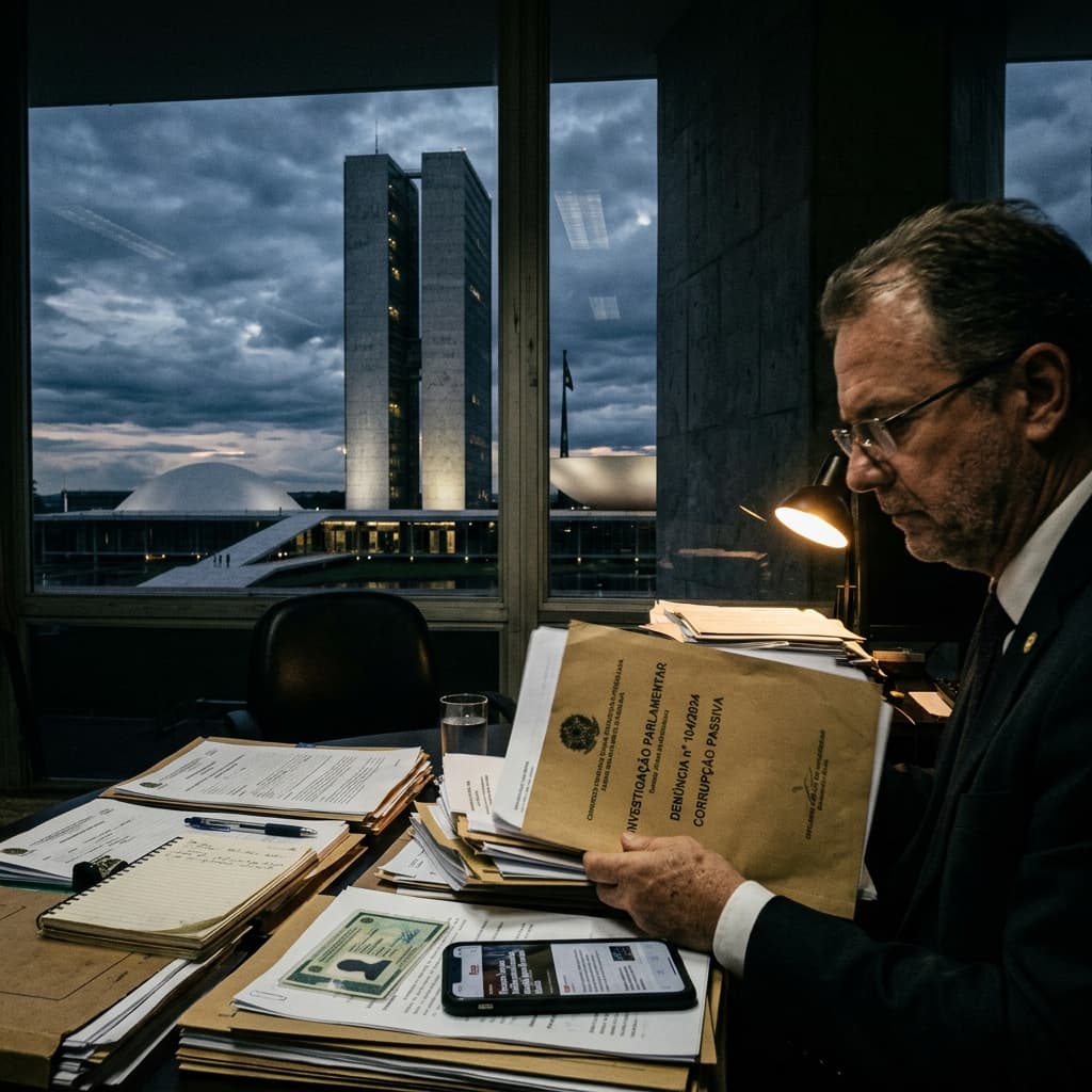 Congresso Nacional em Brasília com sombras dramáticas – offshore secretário Tarcísio BolsoMaster STF investigação política 2026