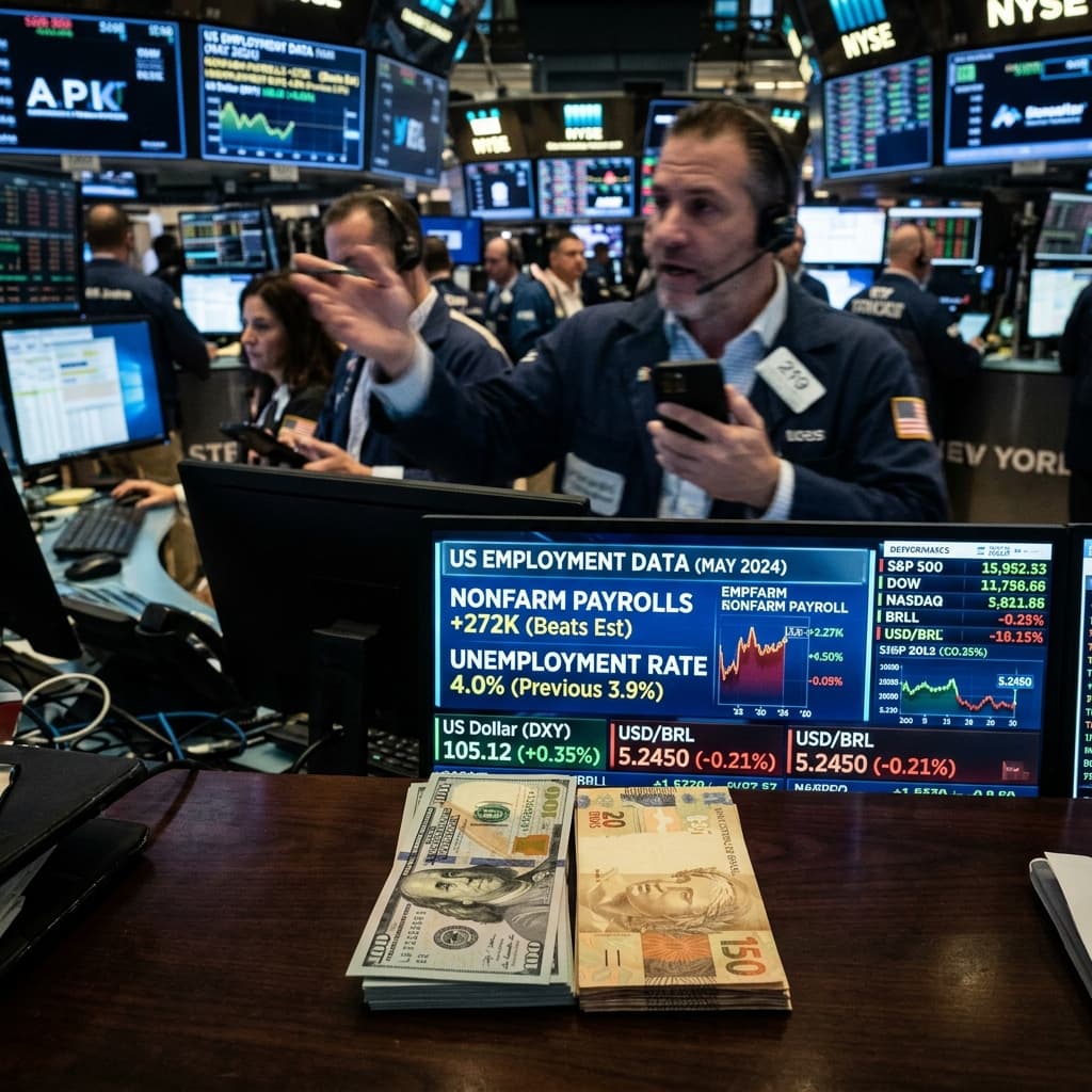 Telas de mercados financeiros com dados de emprego dos EUA – payroll abril 2026 dólar real câmbio impacto Brasil