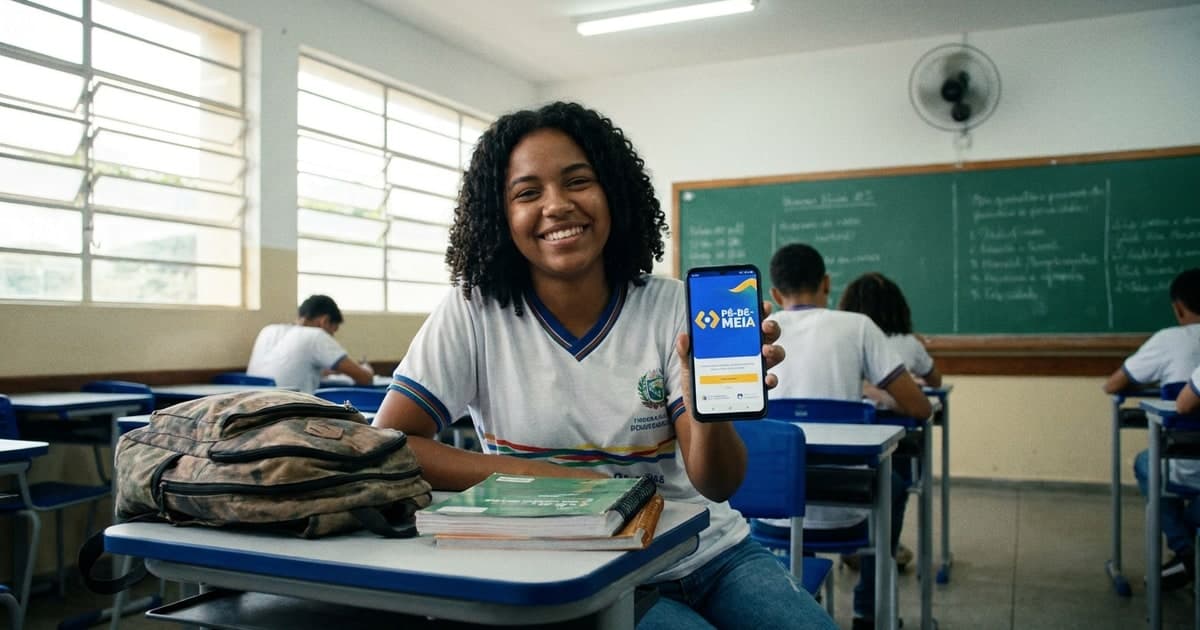 Estudante brasileira do ensino medio publico sorrindo com celular na mao consultando o beneficio Pe-de-Meia, mochila e livros sobre a mesa, ambiente escolar iluminado