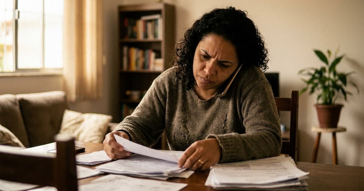 Mulher brasileira em casa analisando documentos e usando o celular com expressao seria e concentrada, luz natural da janela, sala de estar simples