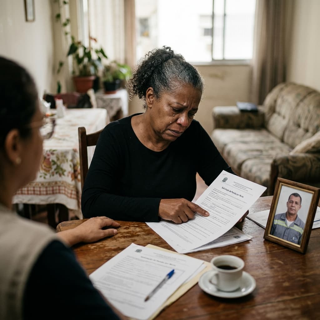 Família brasileira com documentos do INSS – pensão por morte 2026 quem tem direito quanto recebe como solicitar Meu INSS