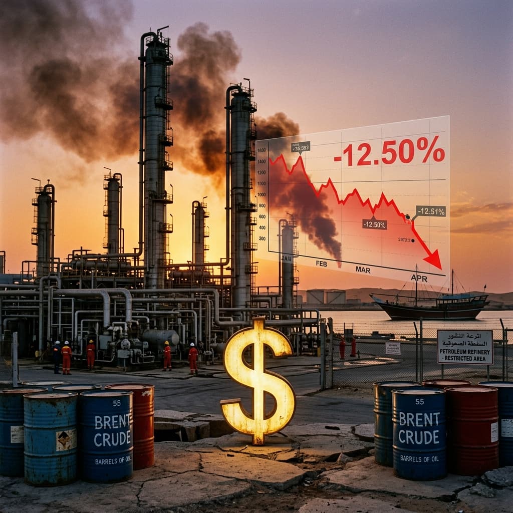 Refinaria de petróleo ao entardecer com tela de mercado mostrando queda do Brent – acordo EUA Irã petróleo cai 10% impacto gasolina Brasil 2026