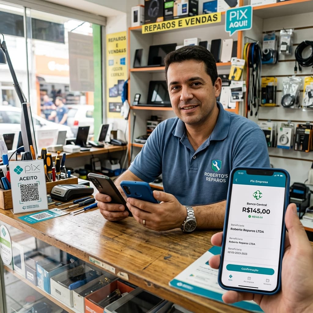 Empreendedor usando celular para receber pagamento via Pix com CNPJ MEI – conta pessoal profissional separar finanças 2026