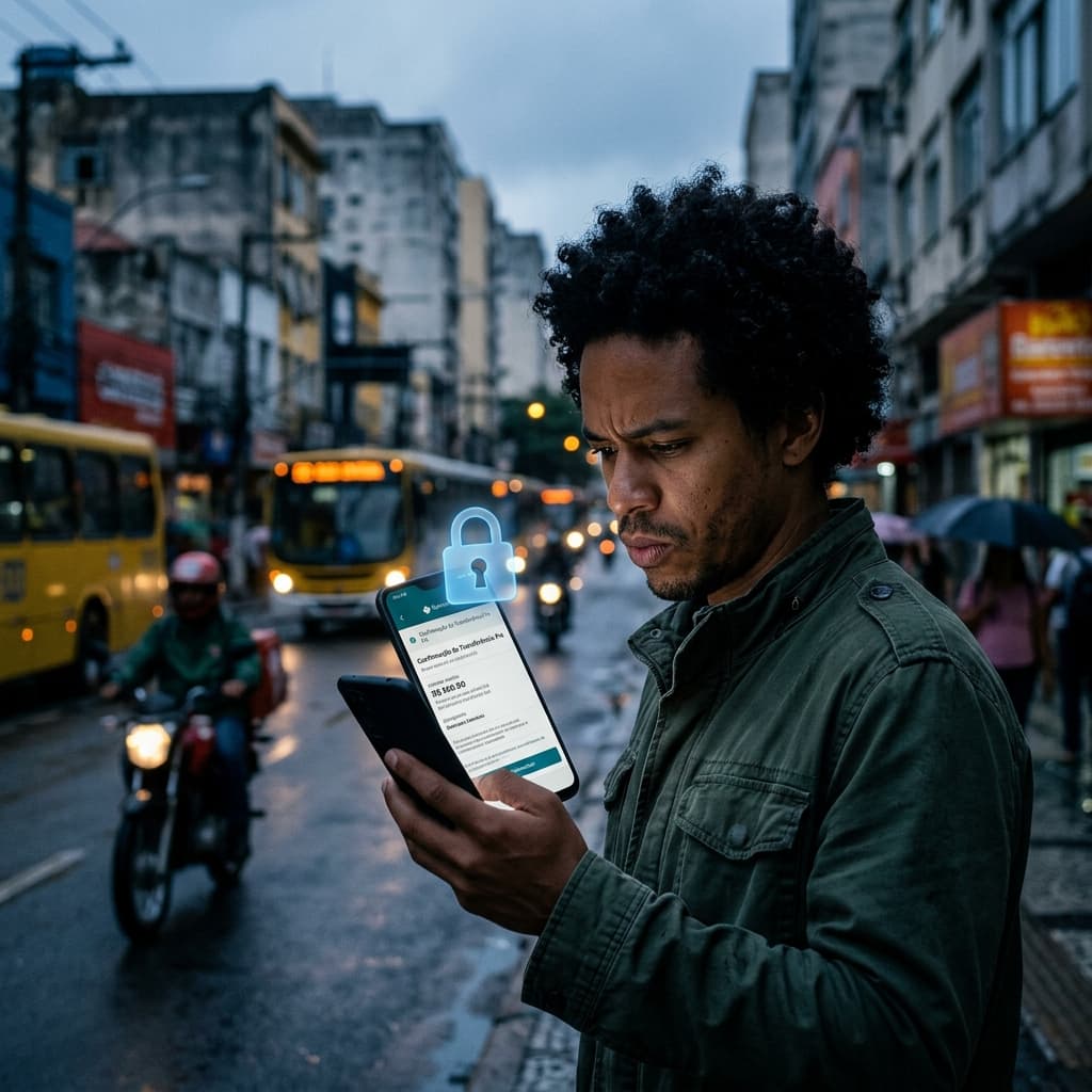 Pessoa olhando com atenção para smartphone com tela de Pix — mudanças junho 2026 novo limite MED 2.0 proteção contra golpes Banco Central
