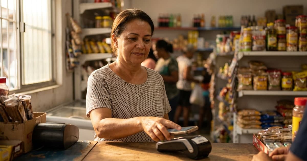 Cliente brasileiro encostando o celular na maquininha de cartao para pagar por aproximacao em uma loja, expressao tranquila, ambiente de comercio iluminado