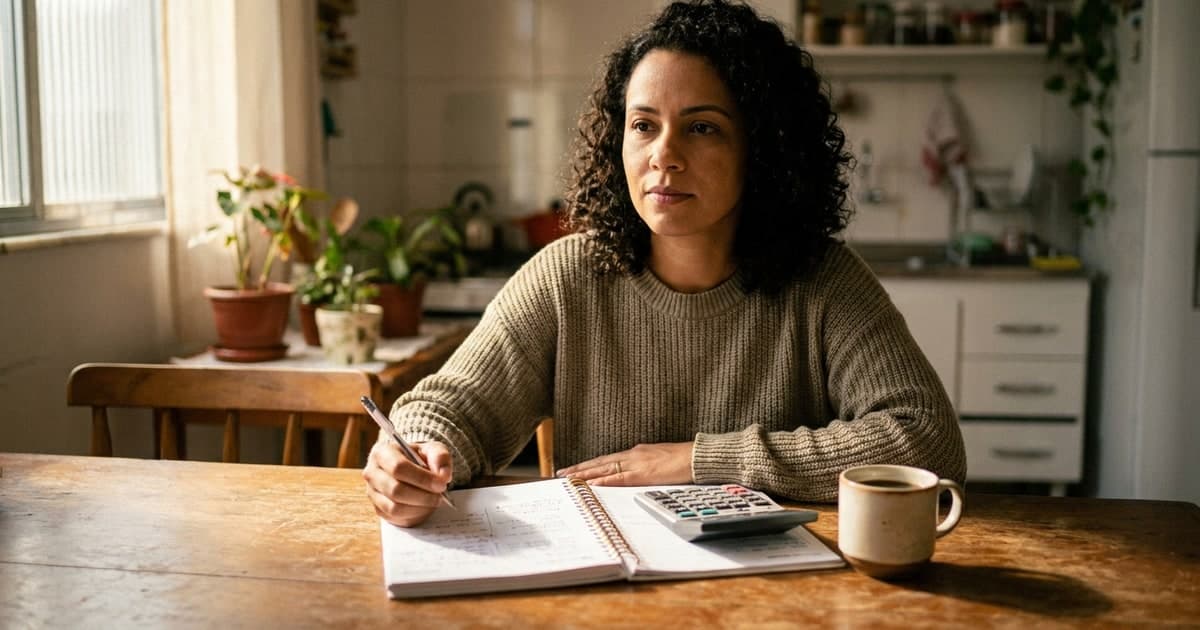Mulher brasileira anotando gastos em um planner financeiro na mesa da cozinha, com caneta, calculadora e cafe, luz natural quente