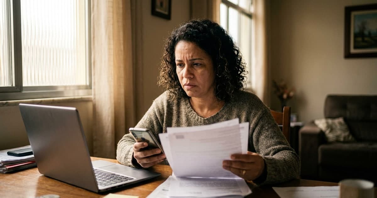 Mulher brasileira de 40 anos em casa analisando documento de plano de saude e o celular, expressao atenta e preocupada, notebook sobre a mesa, luz natural