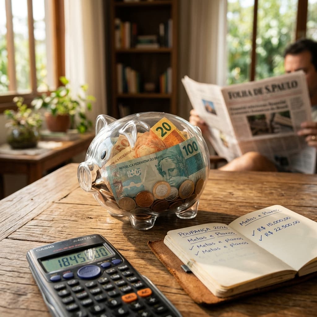 Cofre de vidro com notas de real e calculadora – rendimento poupança 2026 quanto rende Selic 14,75% simulador comparativo