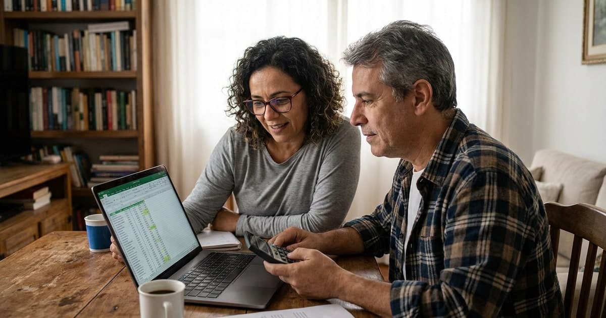 Casal brasileiro de meia-idade planejando o futuro financeiro em casa, analisando previdencia privada no notebook com calculadora e cafe sobre a mesa, expressao tranquila, luz natural