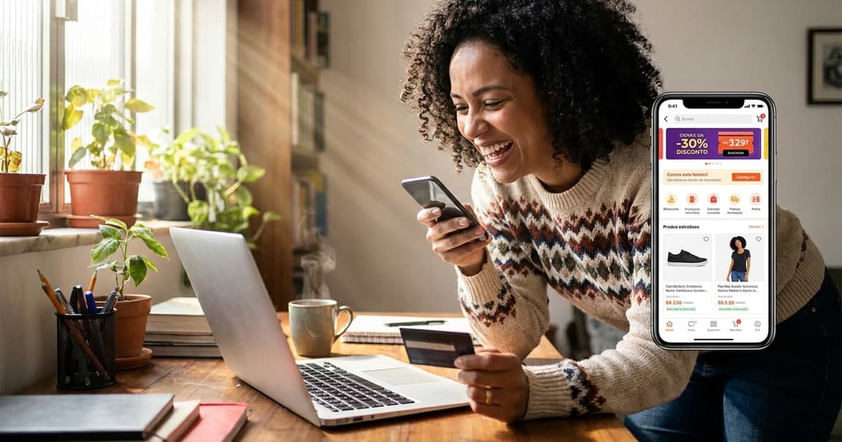 Pessoa com celular no carrinho de compras da Amazon durante Prime Day — tela de ofertas com desconto em vermelho