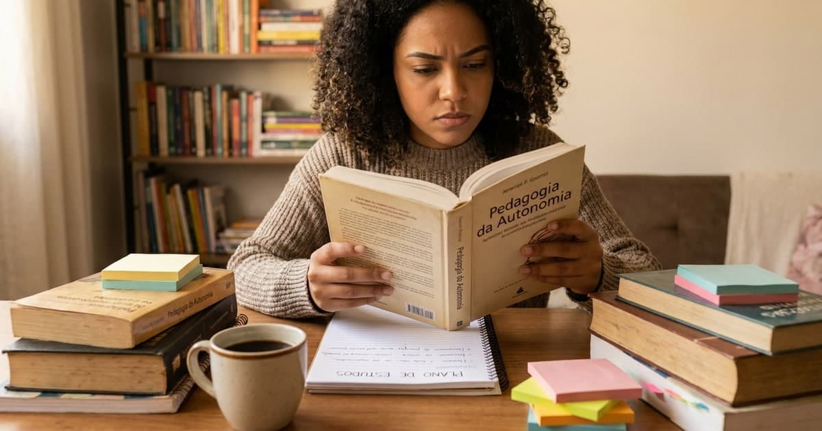 Professora brasileira estudando com livros de pedagogia e caderno de anotações na mesa de casa, concentrada, luz natural quente