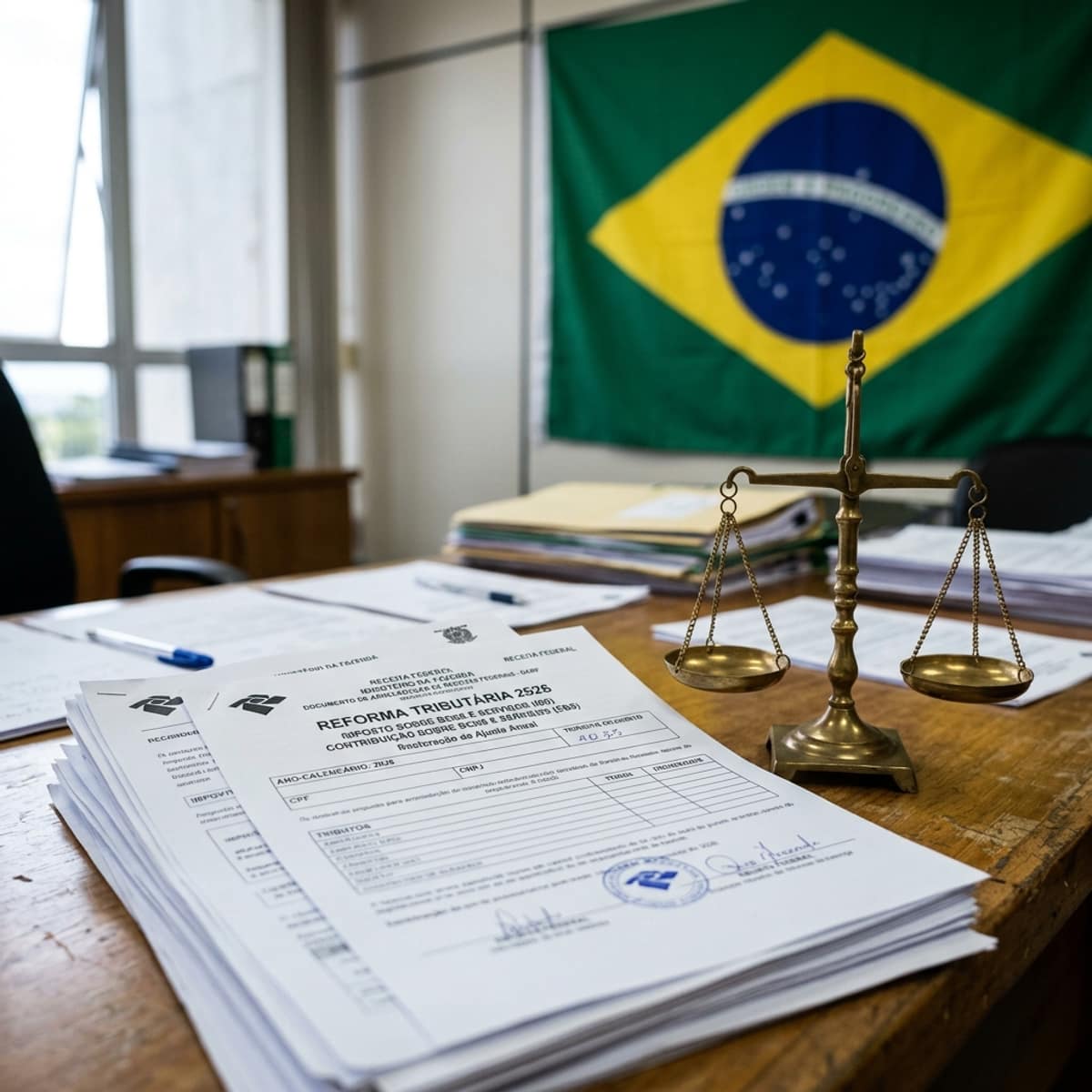 Documentos fiscais e balança da justiça com bandeira brasileira – reforma tributária 2026 IBS CBS imposto valor agregado trabalhador MEI empresa