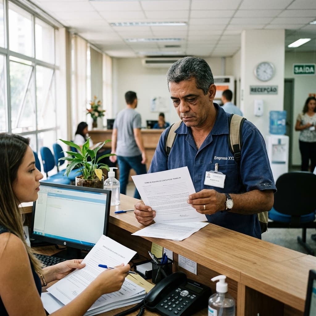 Trabalhador brasileiro recebendo documentos de rescisão de contrato de trabalho — rescisão CLT 2026 o que tenho direito verbas rescisórias